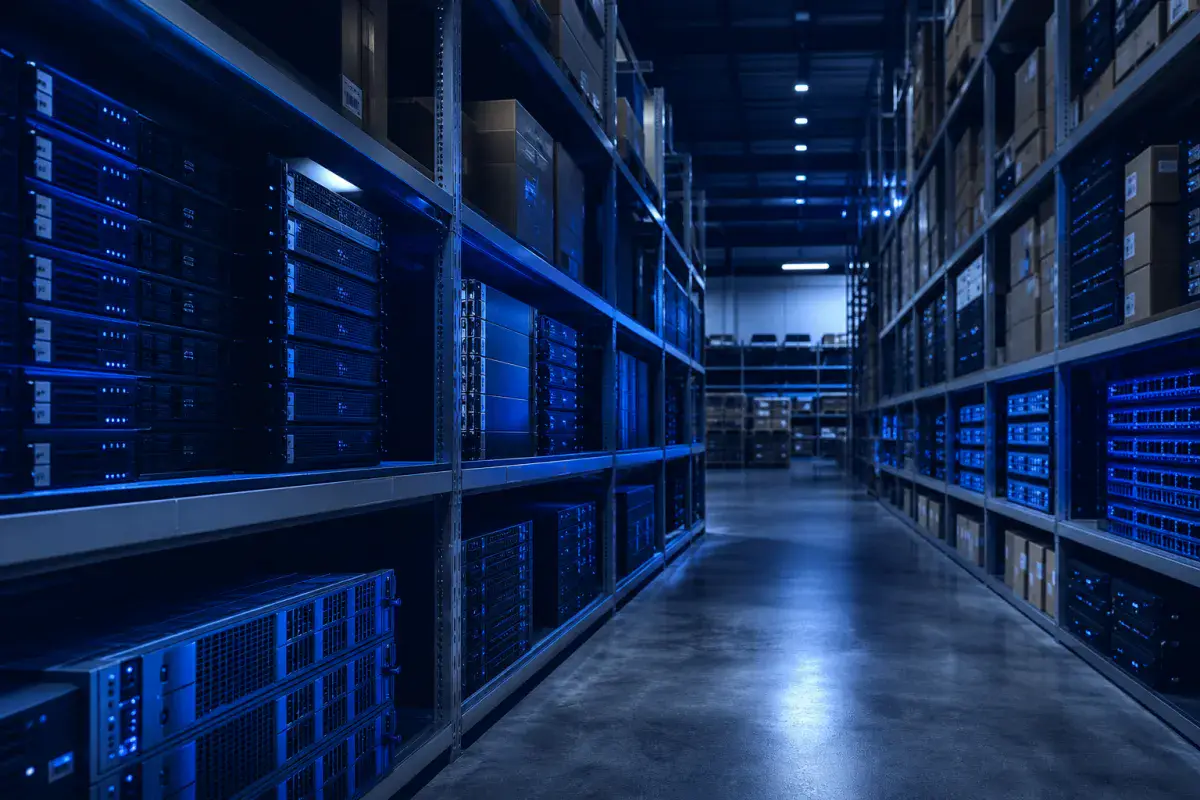 Enterprise servers and networking hardware in a distribution warehouse