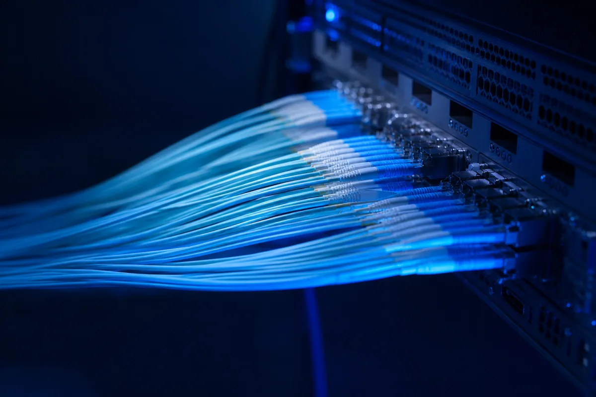 High-speed switch ports fully populated with optical transceivers and fibre