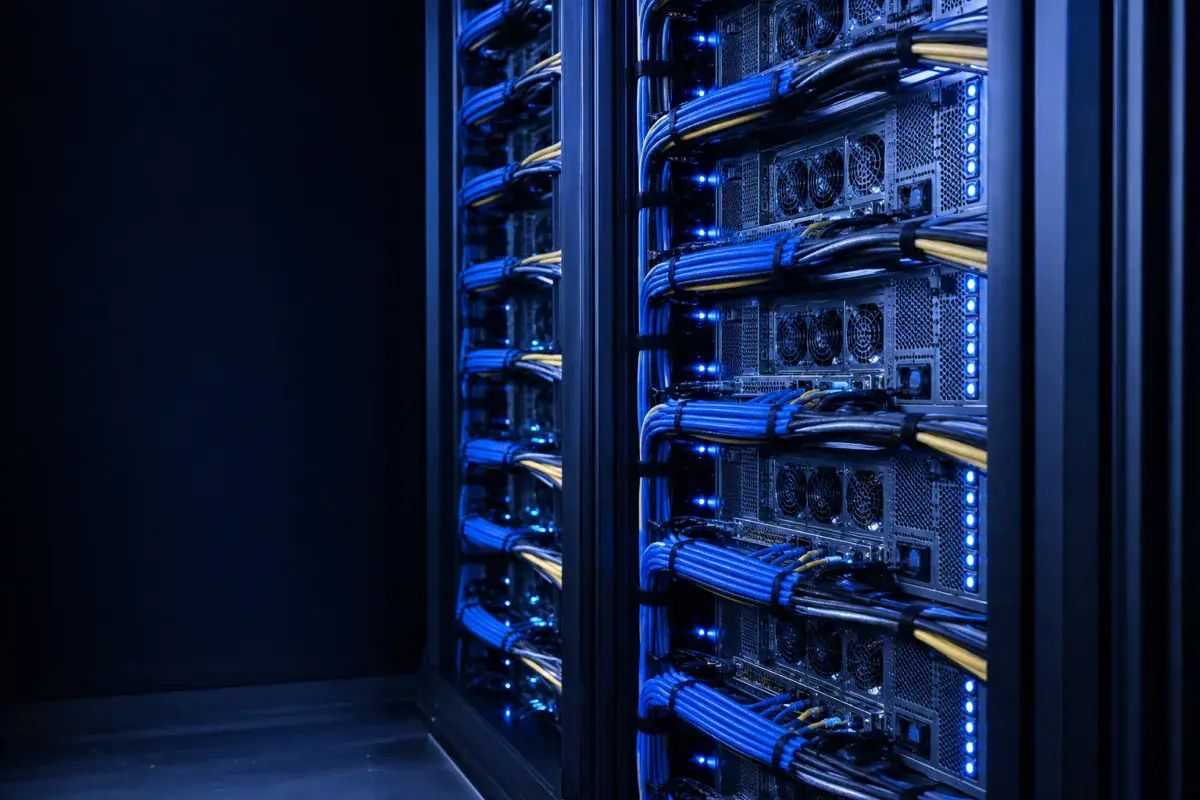 Rear view of uniform server nodes with immaculate colour-coded cabling