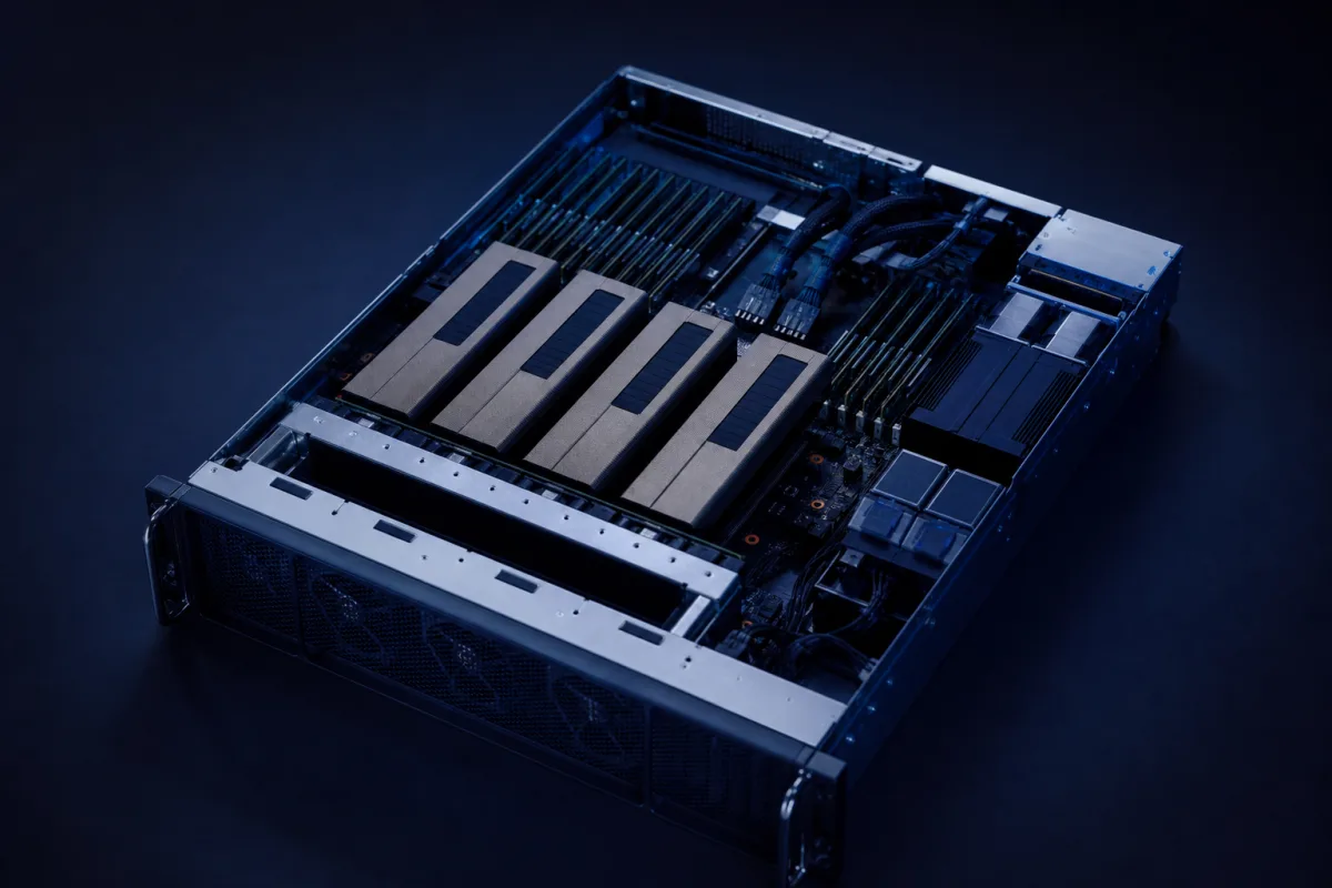 A GPU server photographed from above with its lid removed