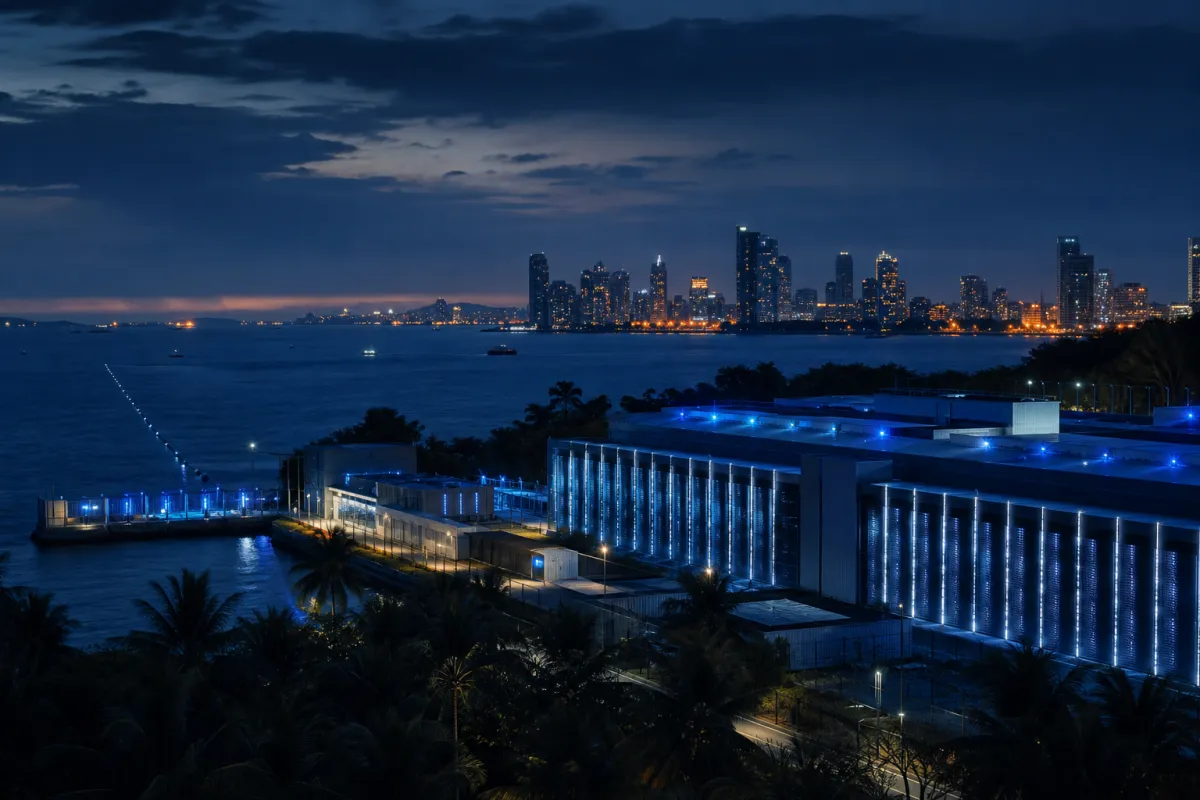 Philippine coastal metropolis at blue hour with a modern data centre