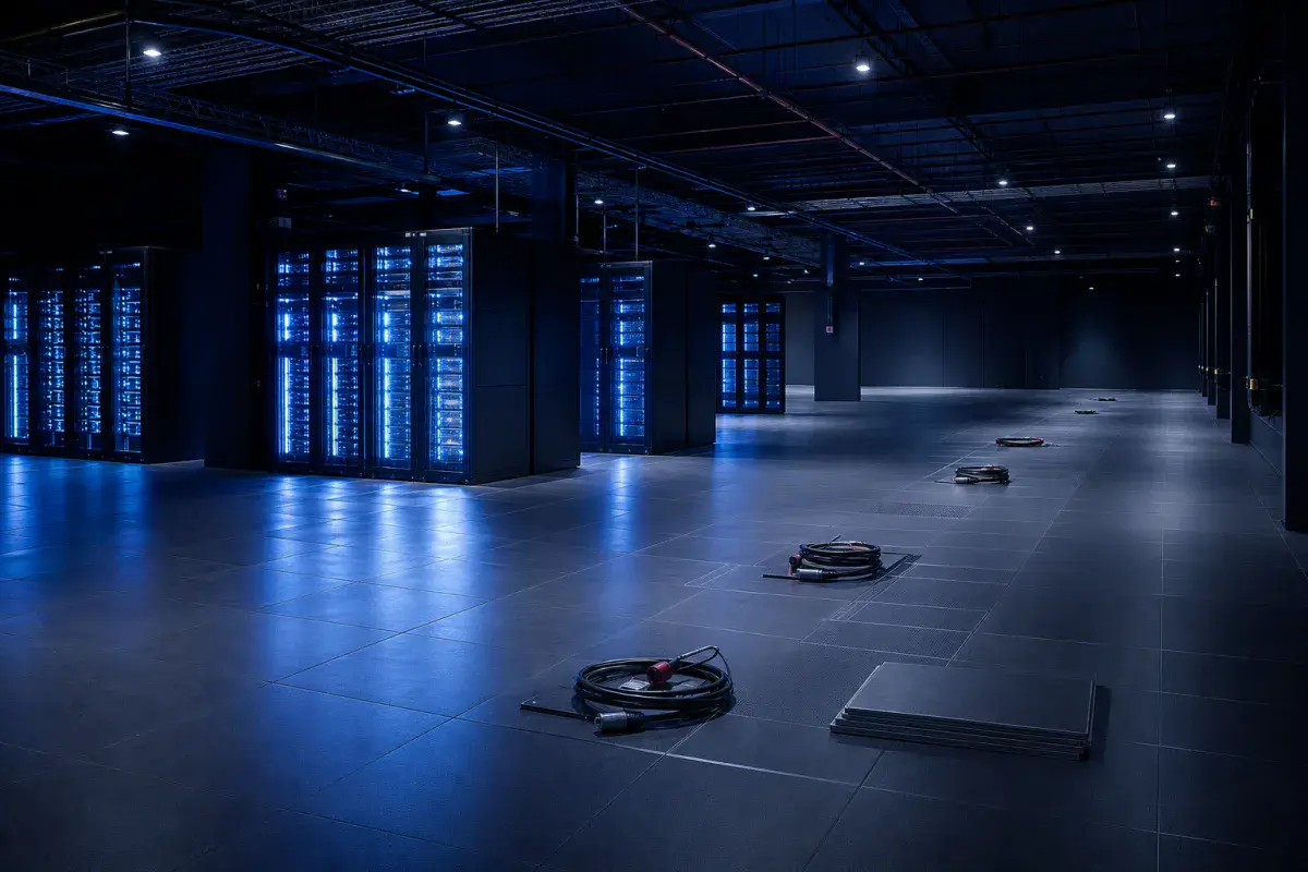 A partially filled data hall with racks installed and empty floor waiting
