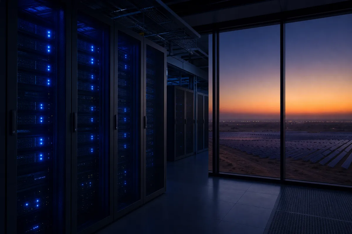 GPU racks in a Riyadh data hall with desert and solar arrays beyond