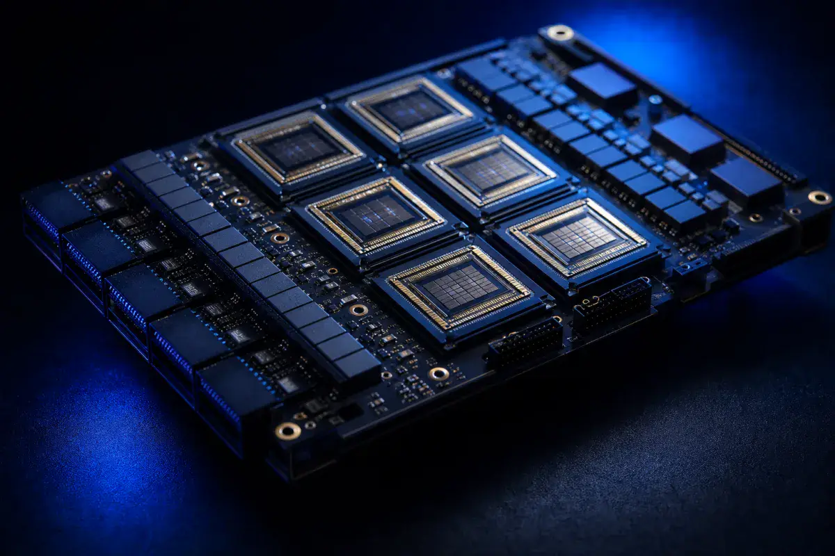 Macro detail of an HGX GPU baseboard showing accelerator modules and stacked memory