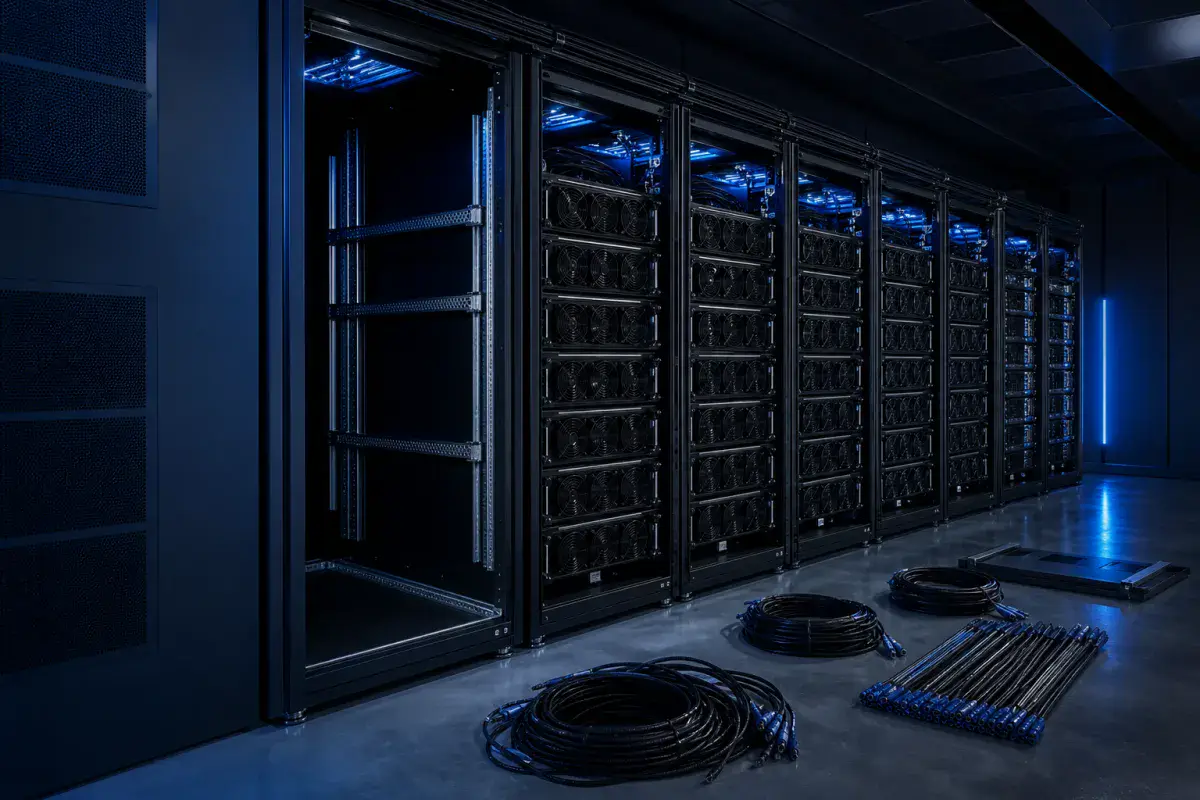 A partially built GPU cluster with racks installed and one bay still empty
