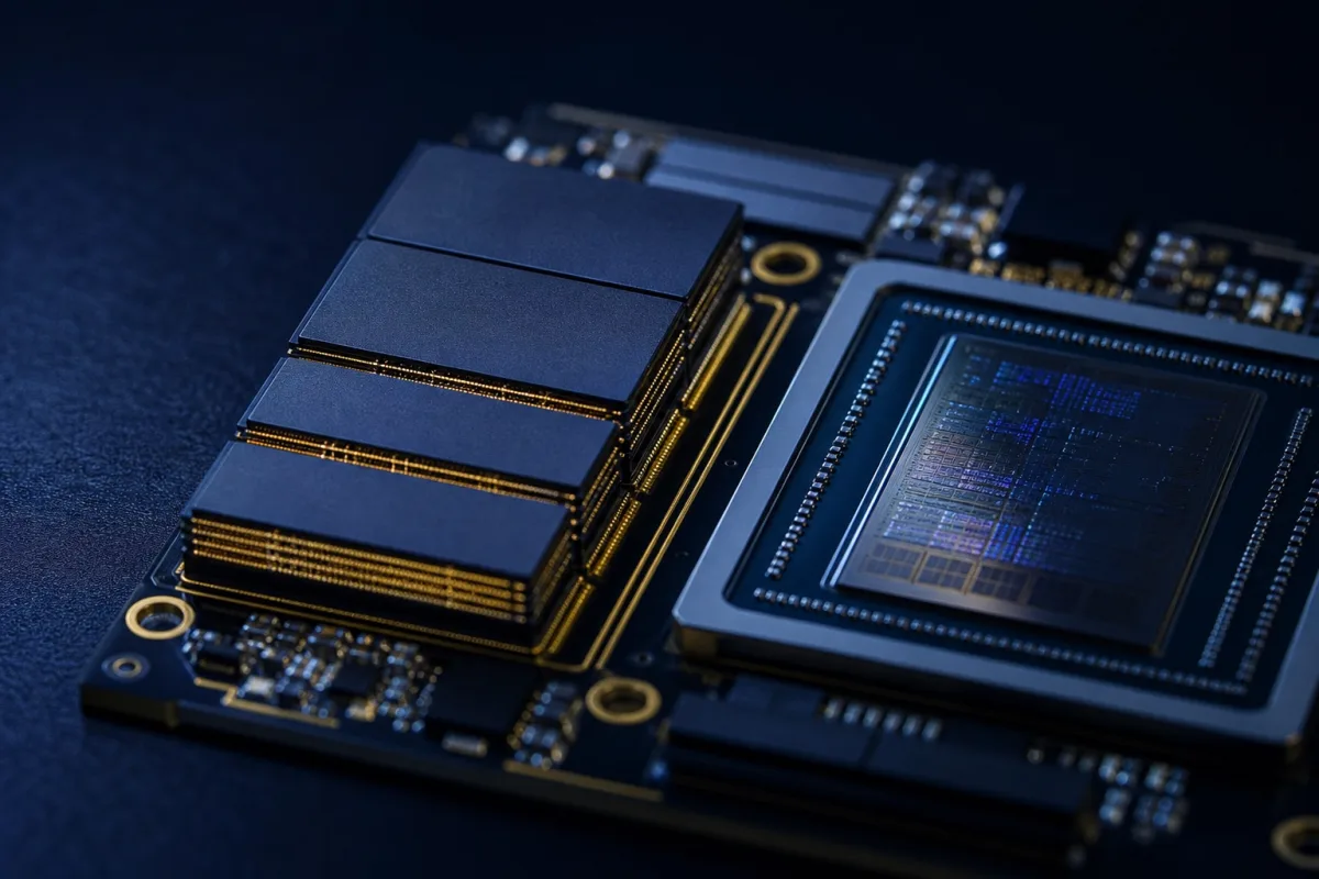 Macro detail of HBM memory stacks beside a GPU die