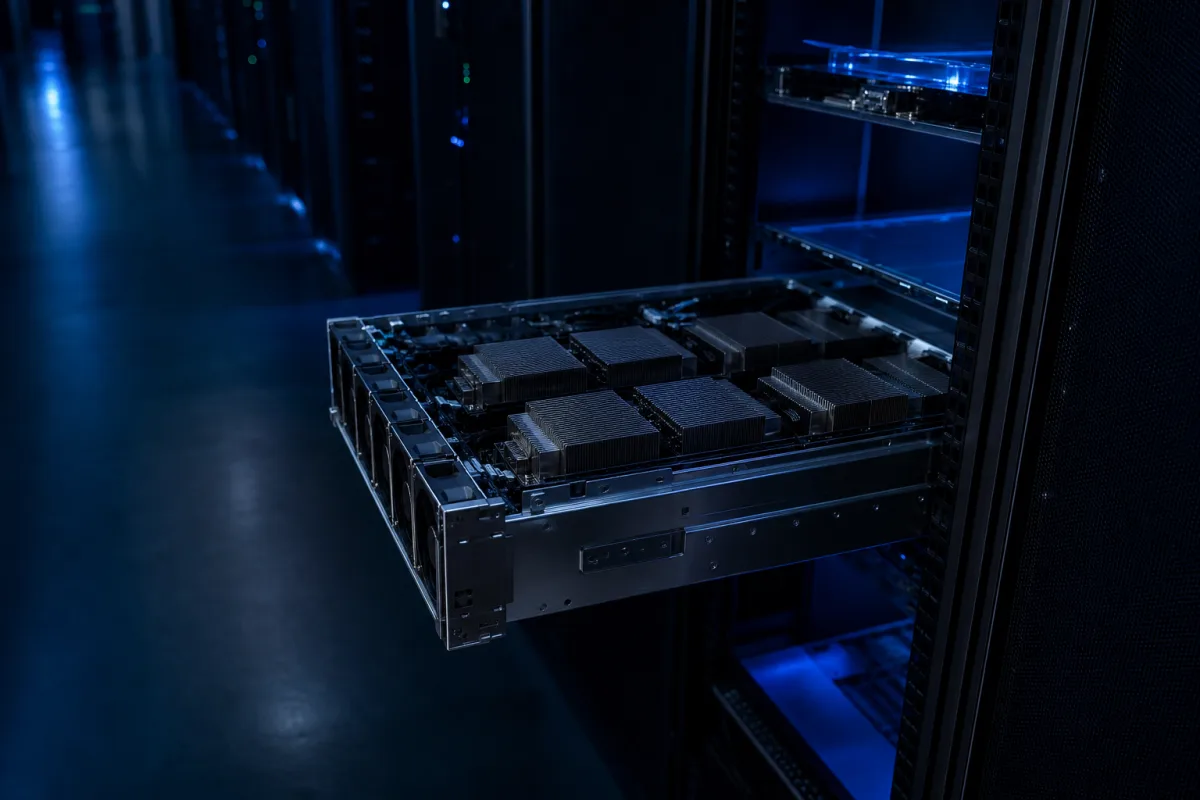 A single HGX server node drawn out of its rack on rails