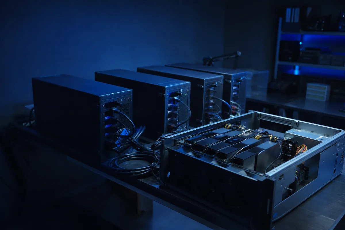 A small cluster of GPU servers on a lab bench with one chassis open