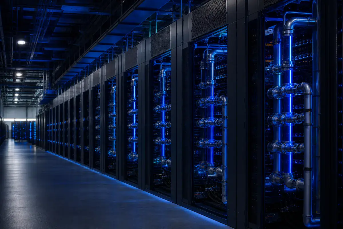 Research supercomputing racks with visible liquid cooling manifolds