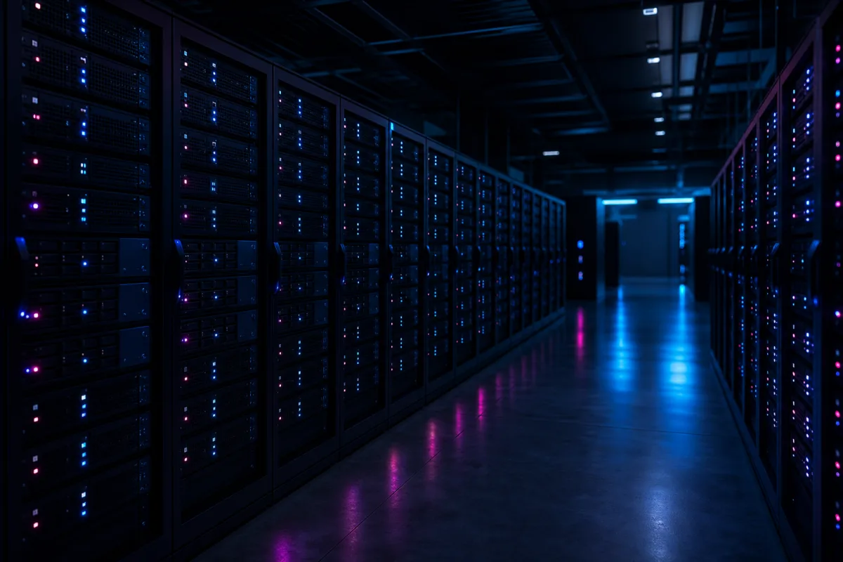 A render farm of dense rack-mount workstations in a studio machine room