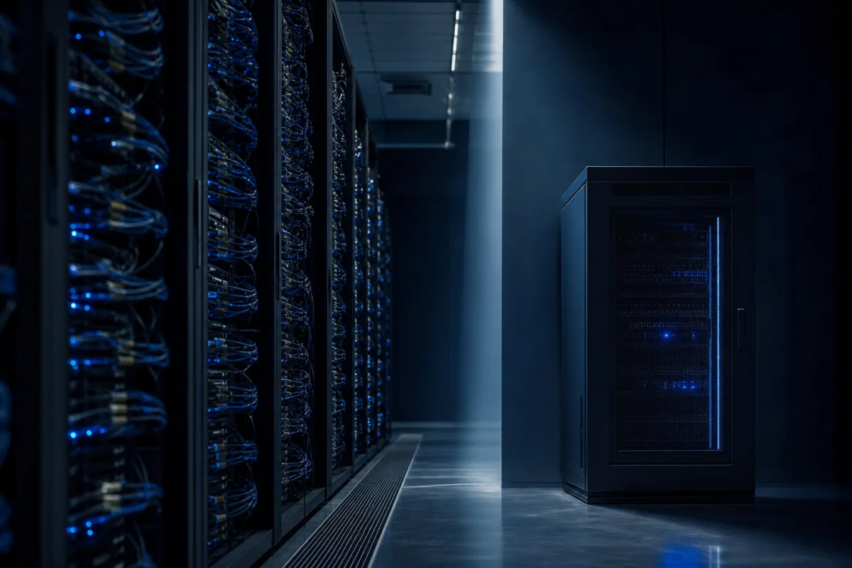 A dense training cluster aisle beside a single compact edge cabinet