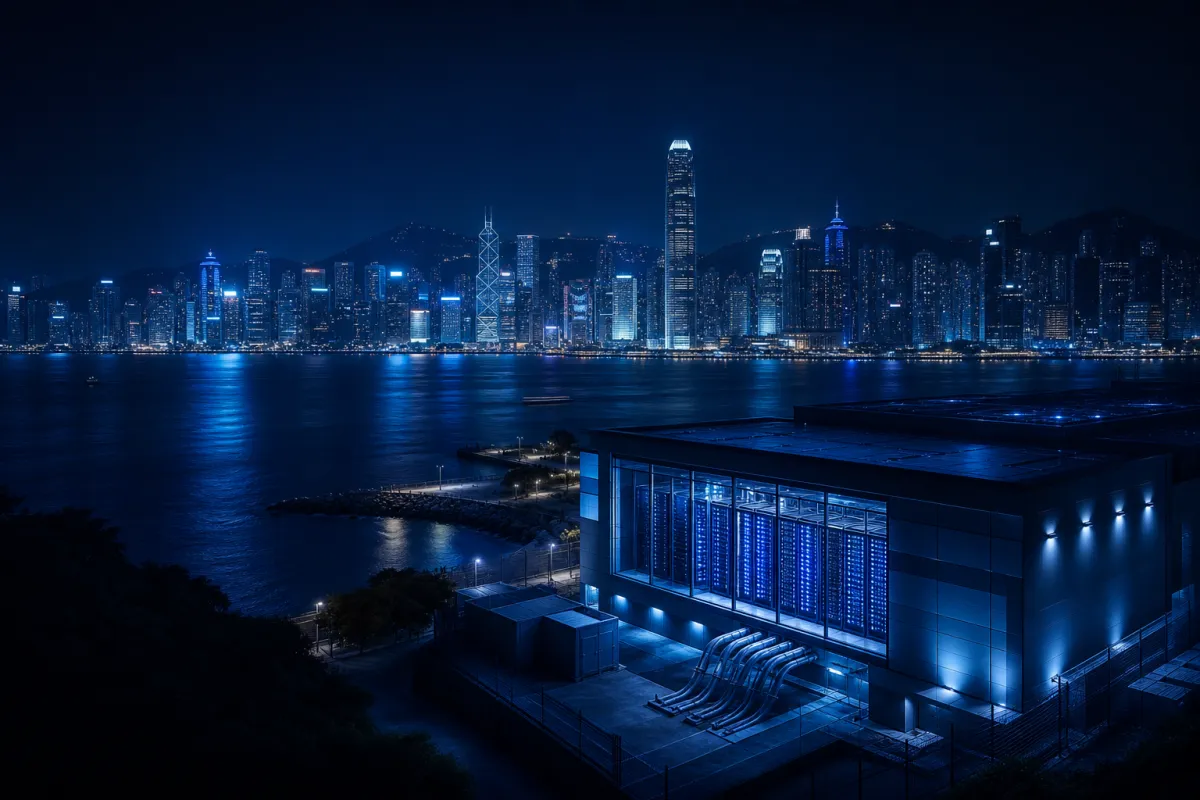 Asian metropolis harbour with data centre in the foreground