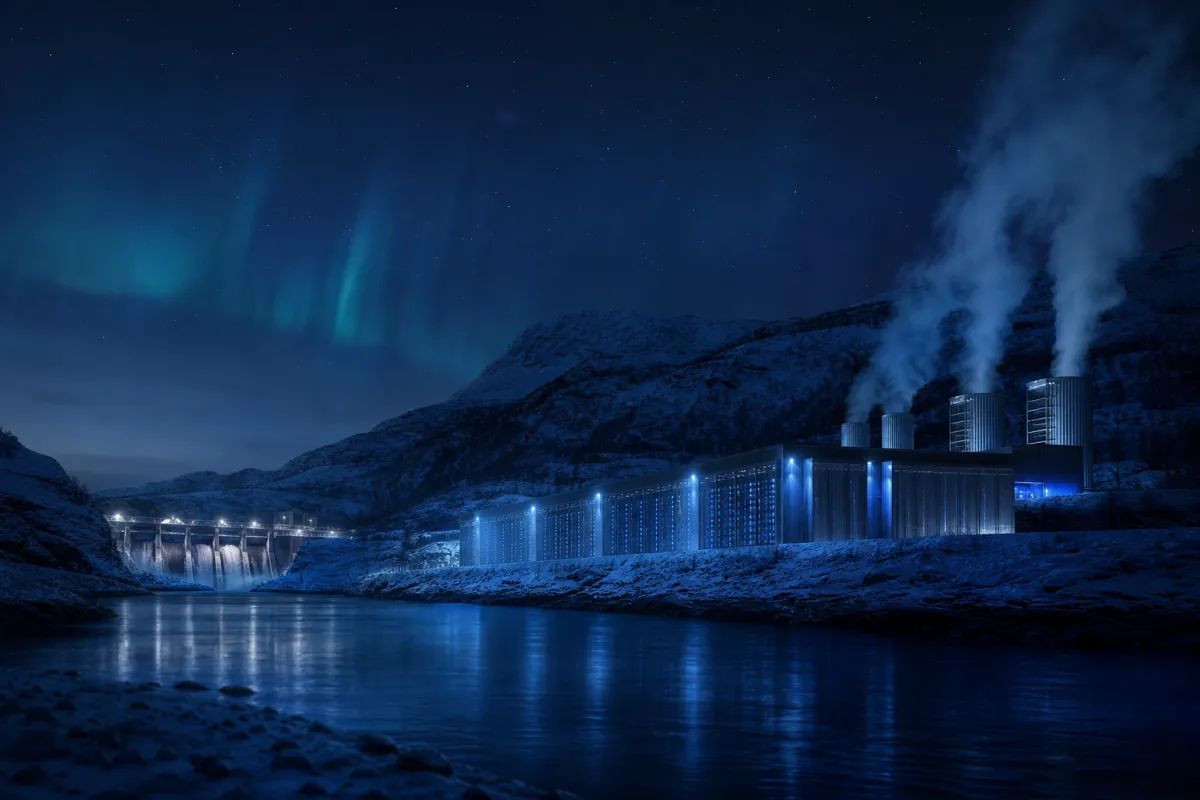 Nordic data centre in snow at blue hour