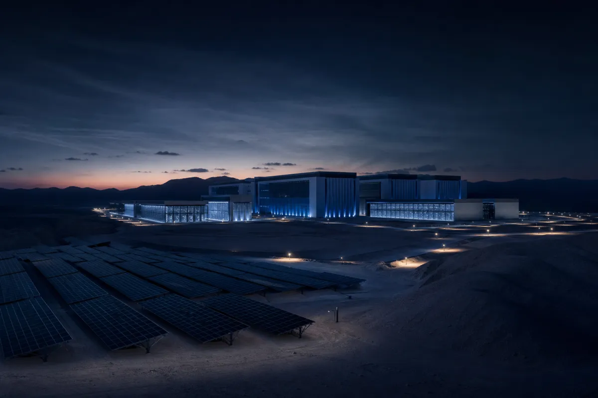 Desert data centre complex with solar arrays at dusk