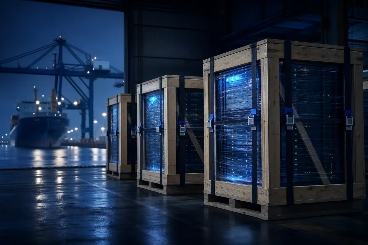 Crated server pallets in a bonded customs warehouse beside container handling