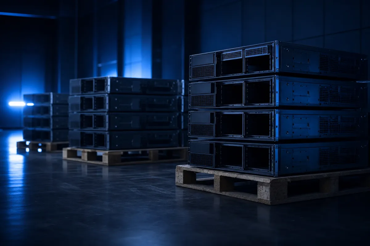 De-racked GPU servers staged for secure decommissioning and buyback